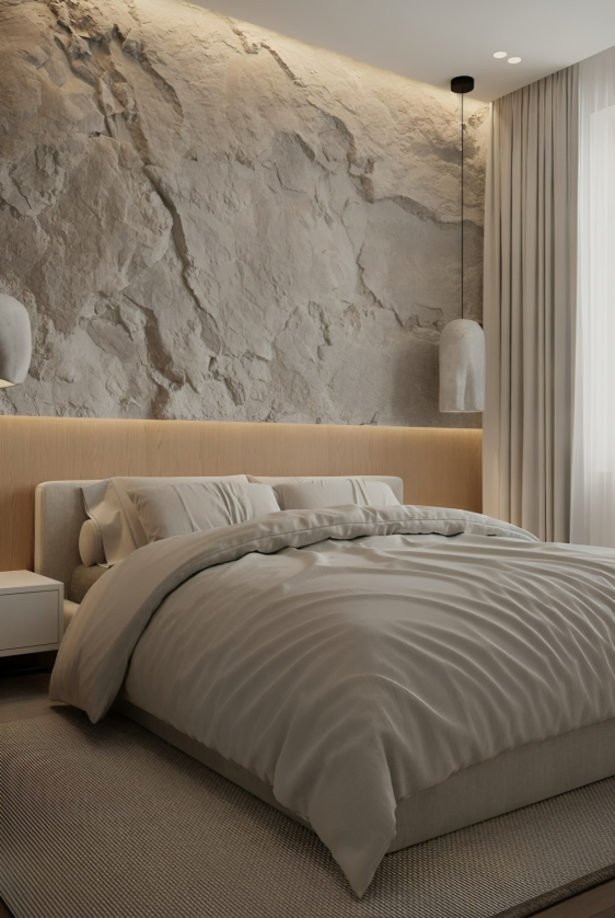 🪨un perete cu finisaj de piatră în dormitor aduce un aer sofisticat și natural, dar cât de practic este ✔️ estetică și stil un perete din piatră sau cu finisaj ca (1)